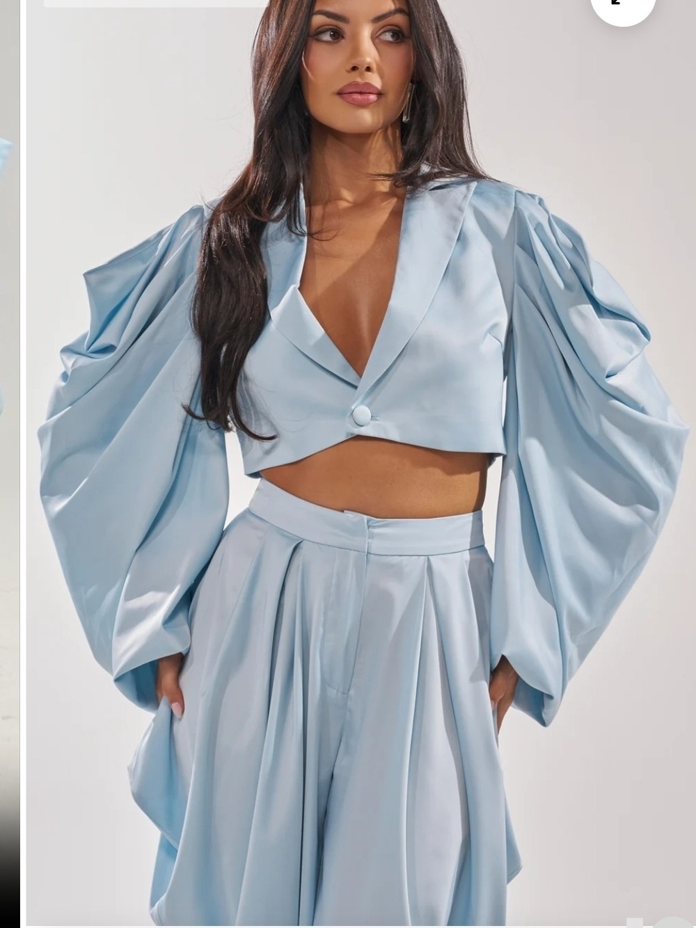 Light Blue Satin Puff-Sleeve Cropped Blazer